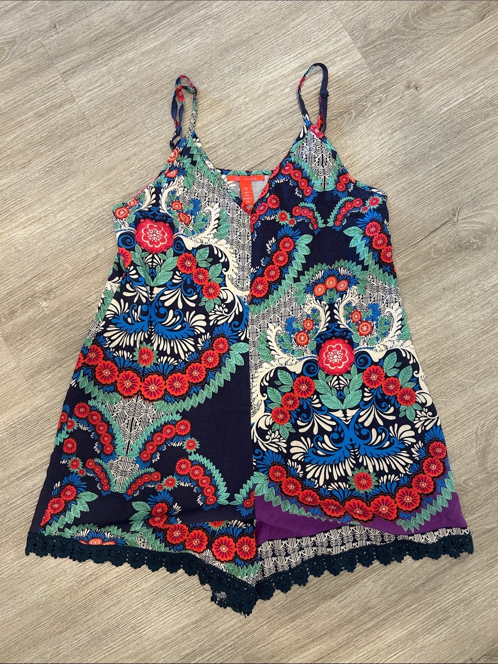 Chelsea & Violet Navy Floral Spaghetti-Strap Romper with Red & Teal Accents